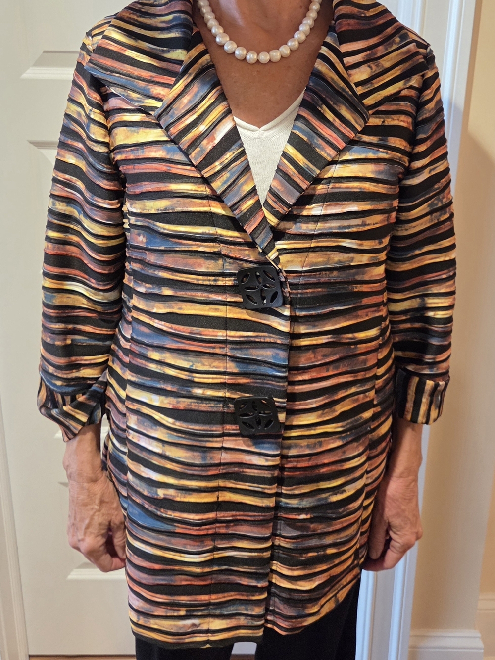 Women's Striped Multi-Color Long Jacket - Elegant Button Front